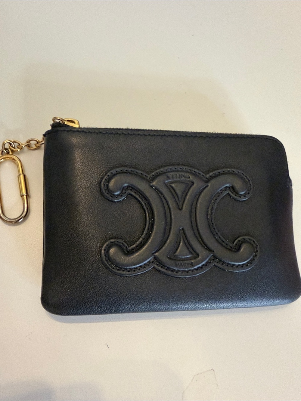 Celine Black Leather Coin Pouch with Gold Chain Clip